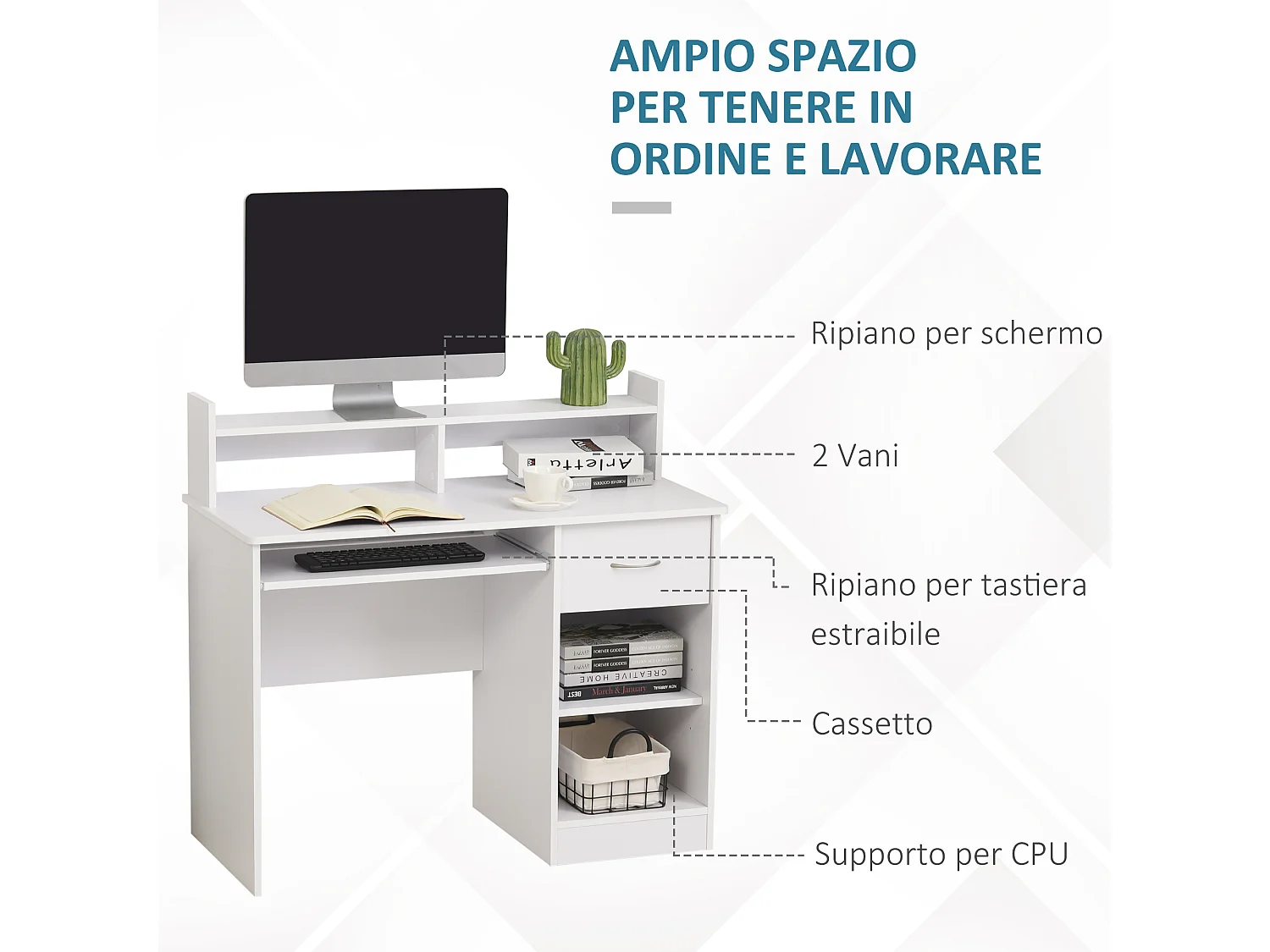 Scrivania compatta per computer fisso pc in legno bianco