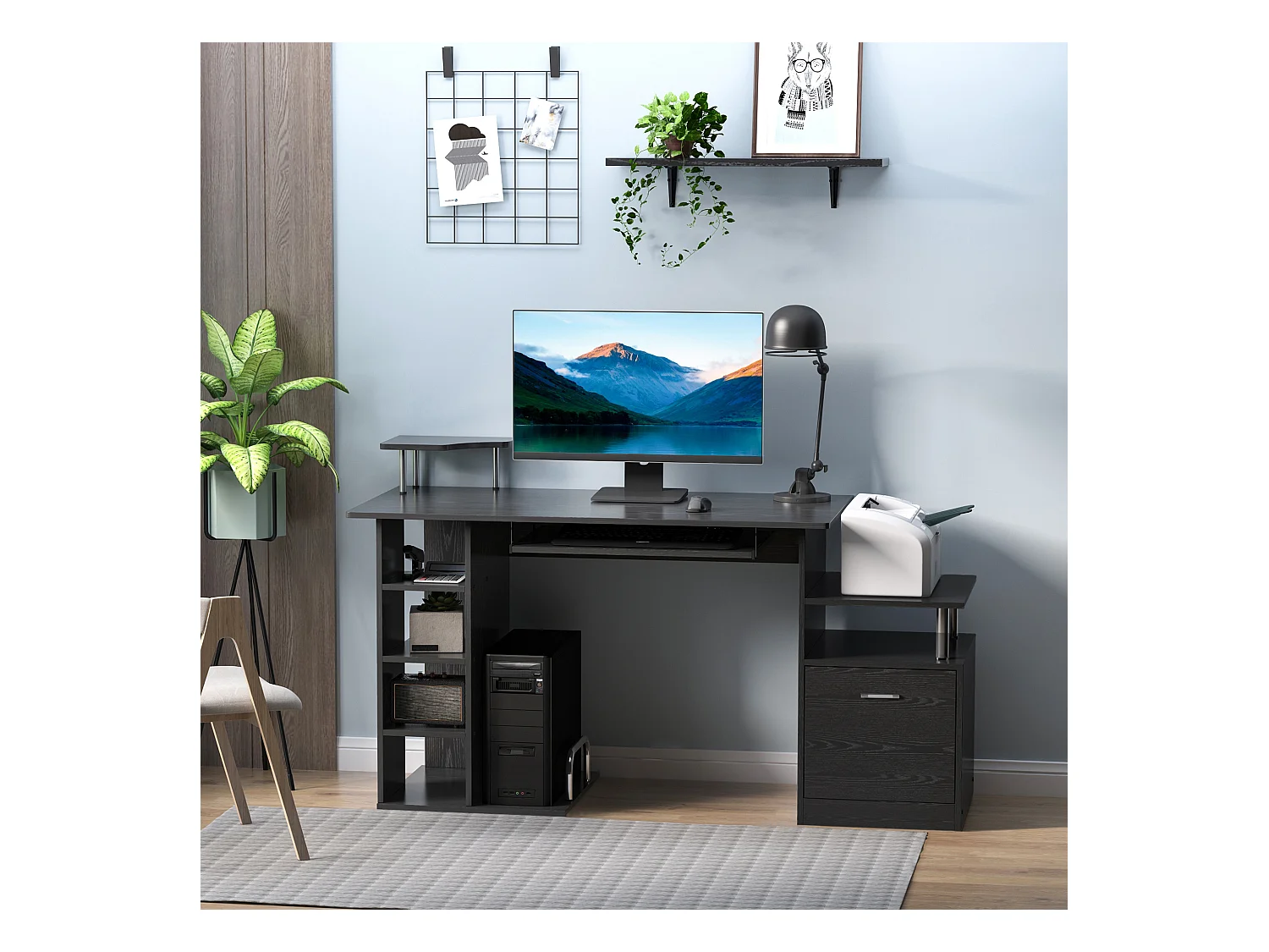 Scrivania pc con cassetti e tastiera estraibile in legno nero