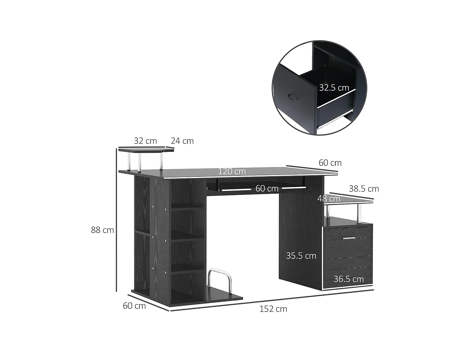 Scrivania pc con cassetti e tastiera estraibile in legno nero