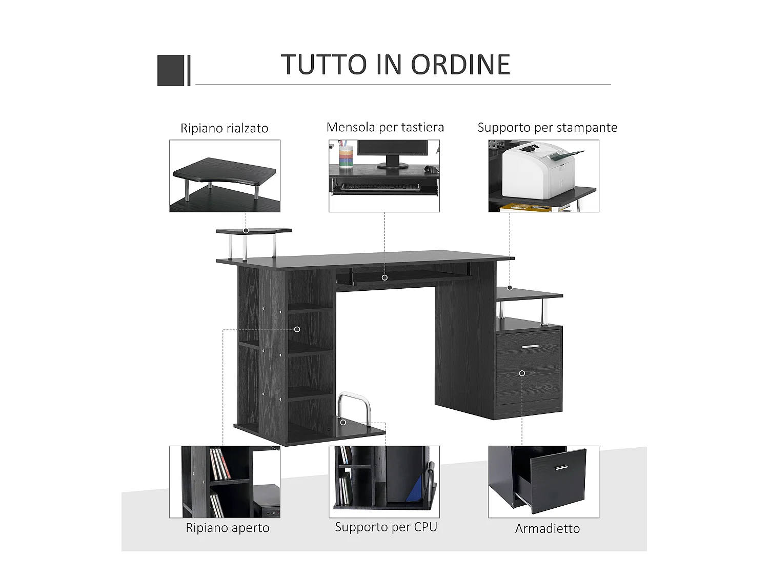 Scrivania pc con cassetti e tastiera estraibile in legno nero