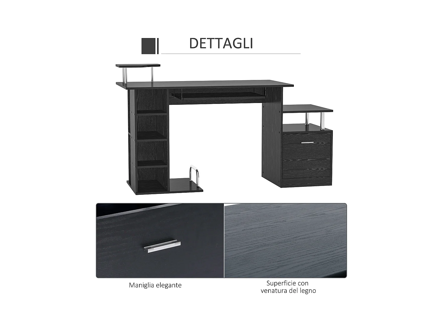 Scrivania pc con cassetti e tastiera estraibile in legno nero