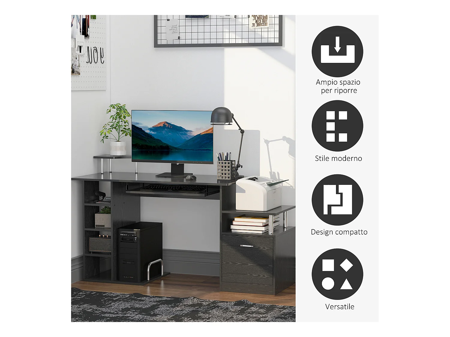 Scrivania pc con cassetti e tastiera estraibile in legno nero