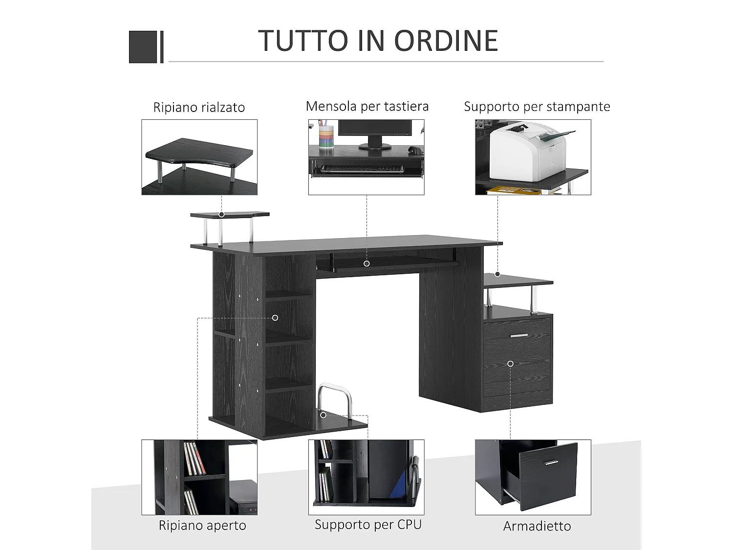 Scrivania pc con cassetti e tastiera estraibile in legno nero