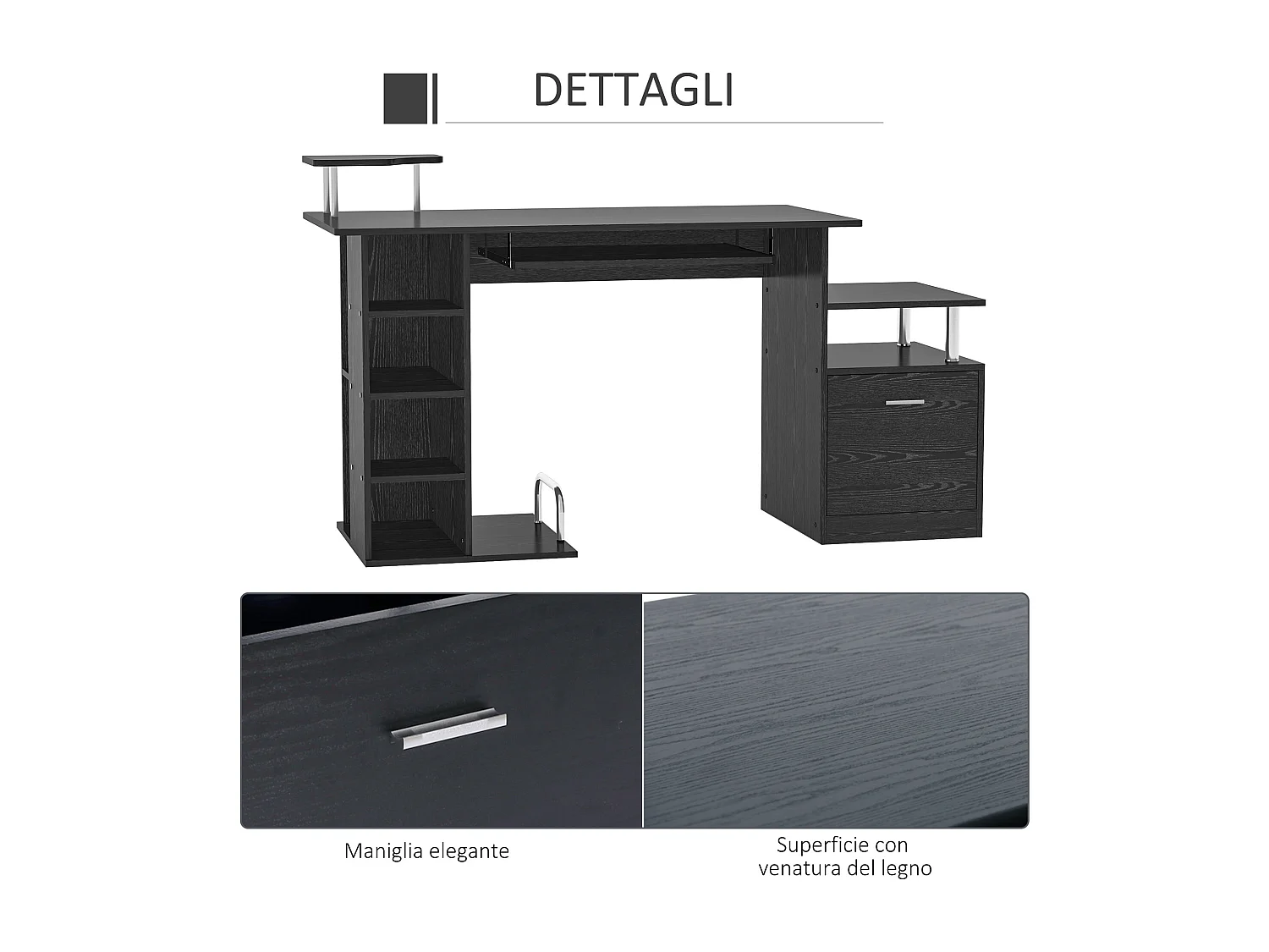 Scrivania pc con cassetti e tastiera estraibile in legno nero