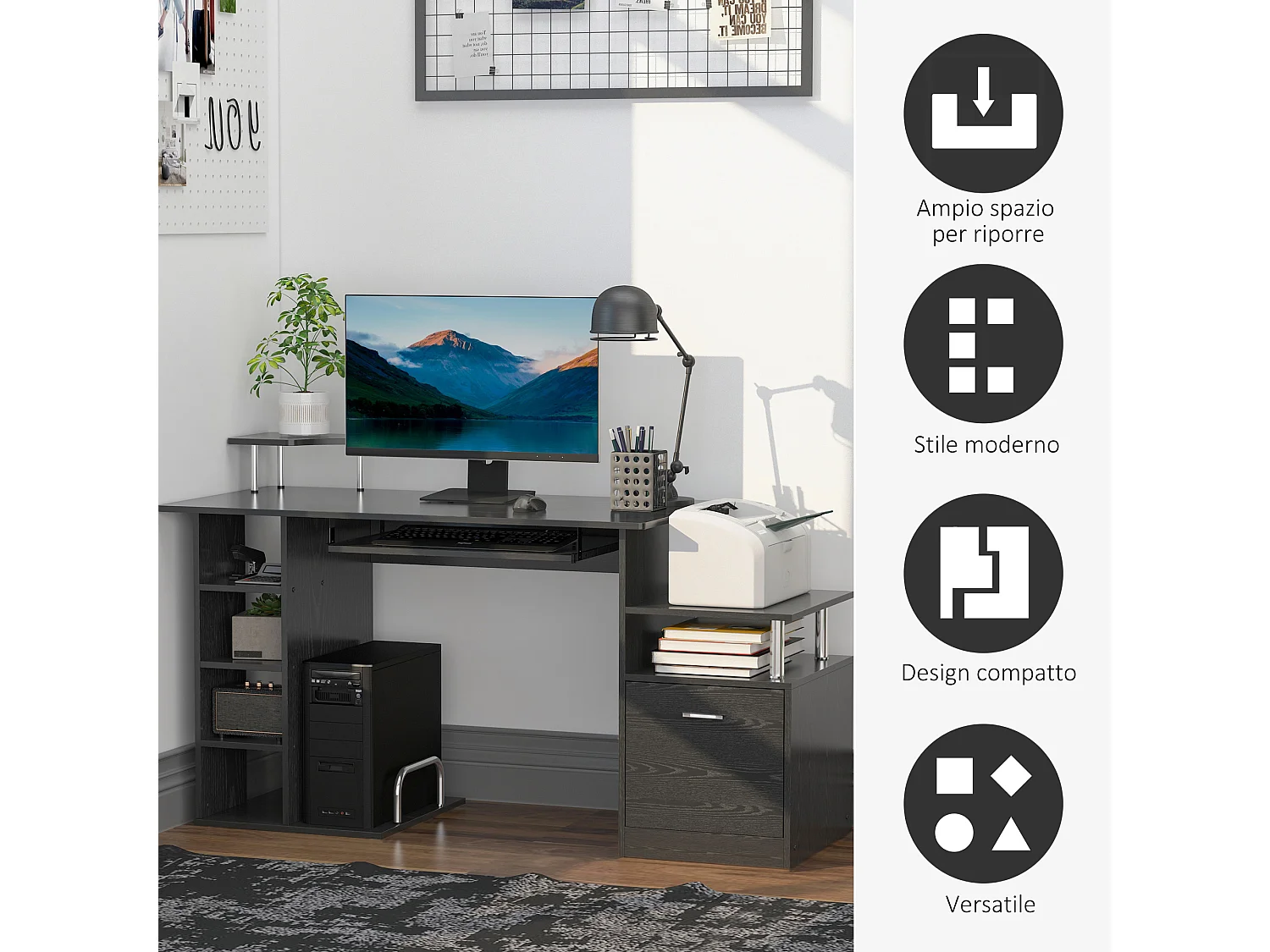 Scrivania pc con cassetti e tastiera estraibile in legno nero