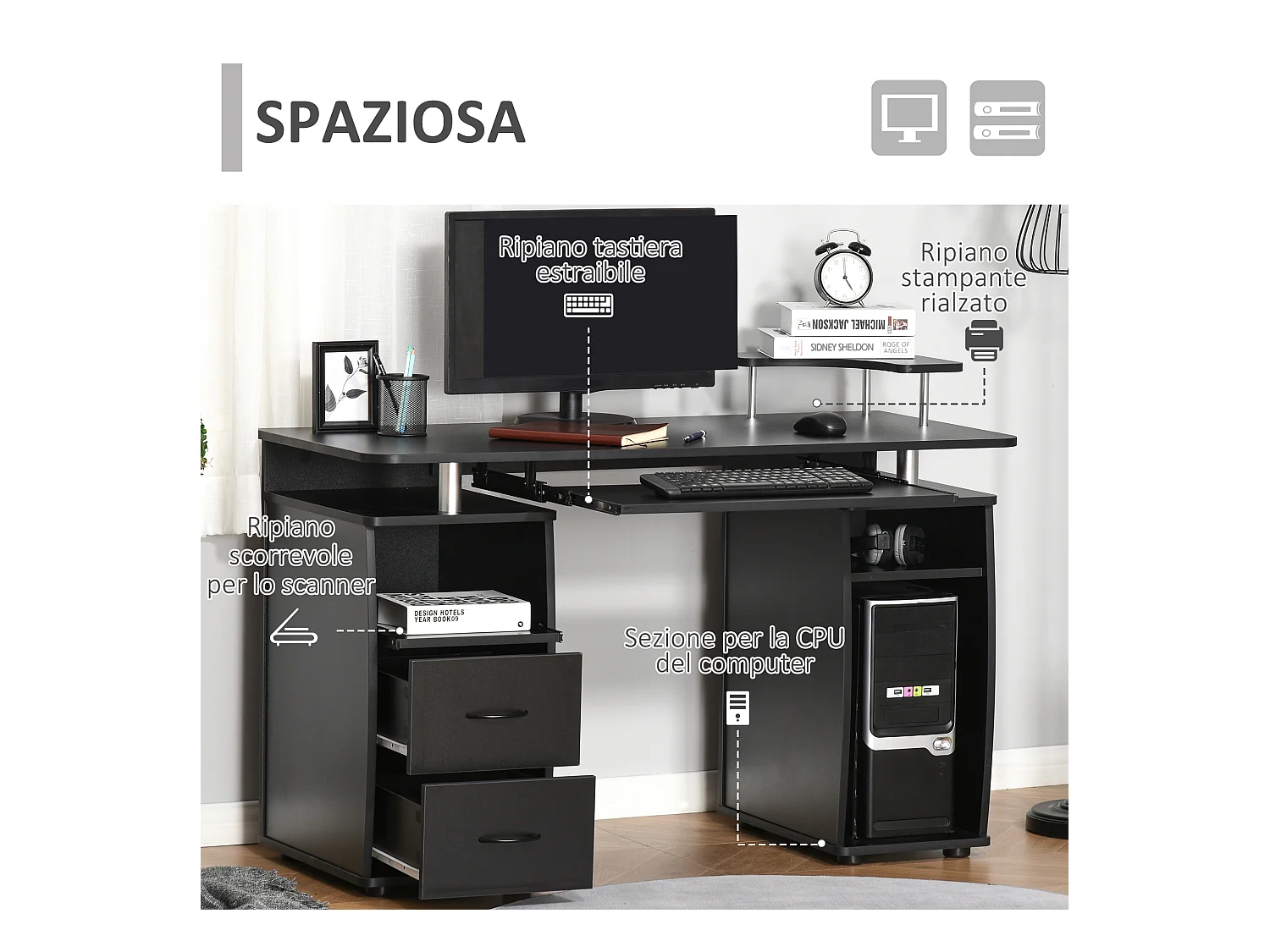 Scrivania porta pc in legno con cassetti e porta tastiera