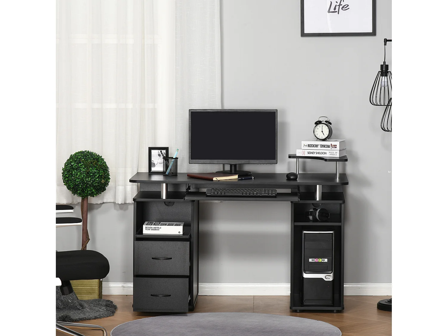 Scrivania porta pc in legno con cassetti e porta tastiera