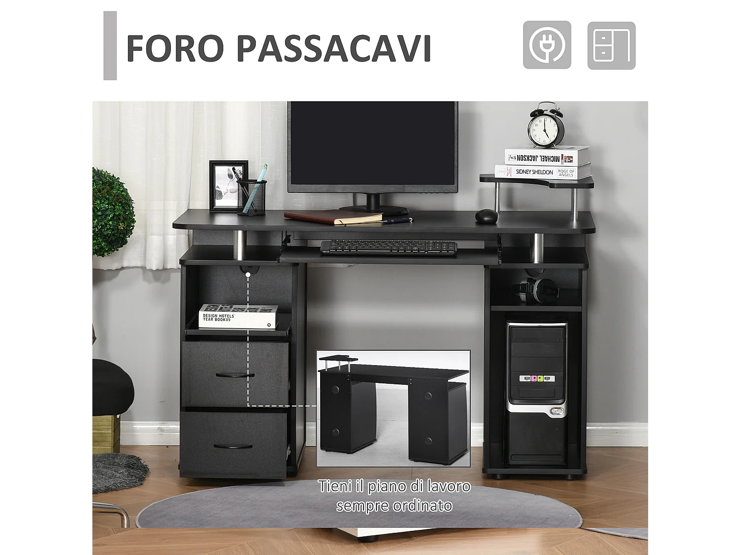 Scrivania porta pc in legno con cassetti e porta tastiera