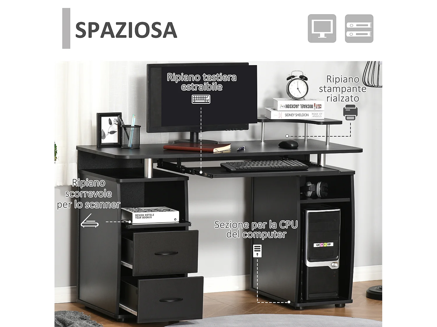 Scrivania porta pc in legno con cassetti e porta tastiera