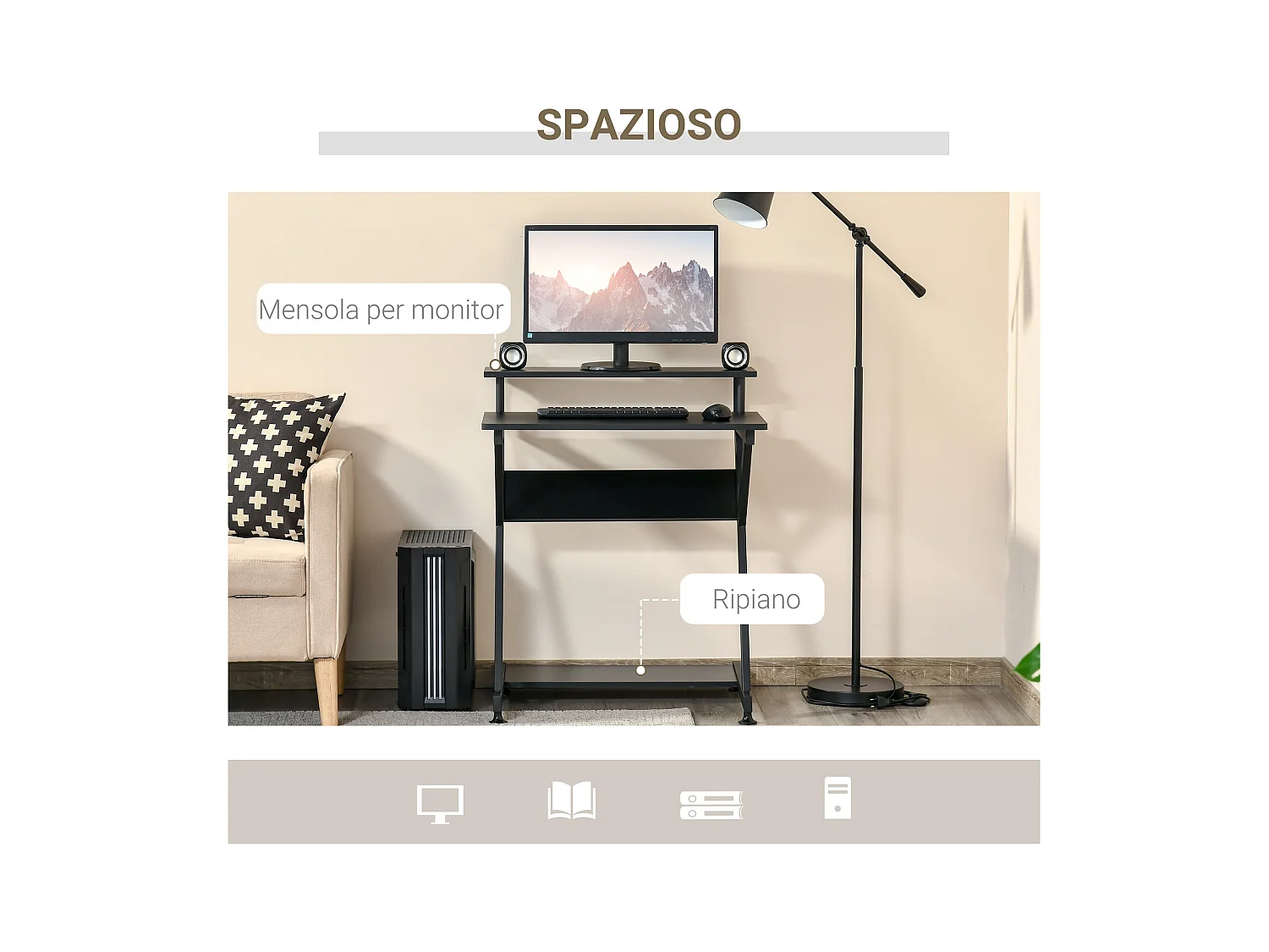 Tavolo porta pc salvaspazio ripiano monitor 70x60x85.5cm nero