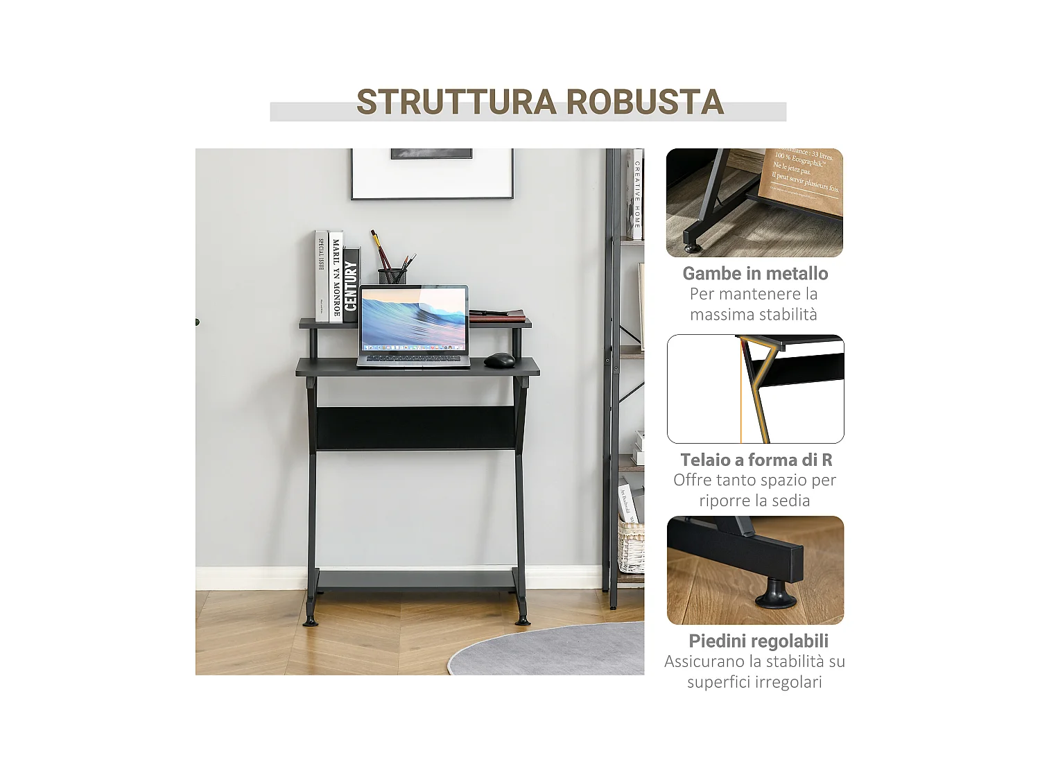 Tavolo porta pc salvaspazio ripiano monitor 70x60x85.5cm nero