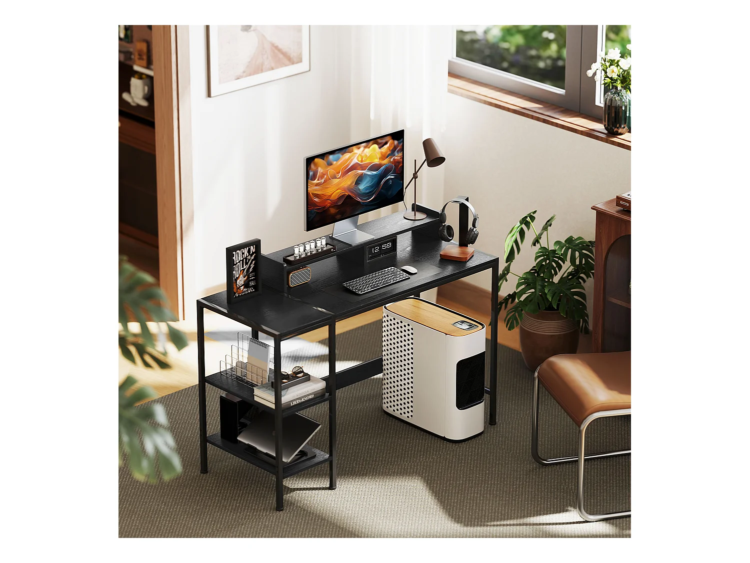 Scrivania pc con supporto per monitor e 2 ripiani regolabili nero