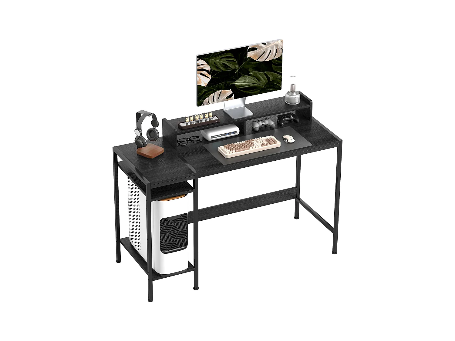 Scrivania pc con supporto per monitor e 2 ripiani regolabili nero