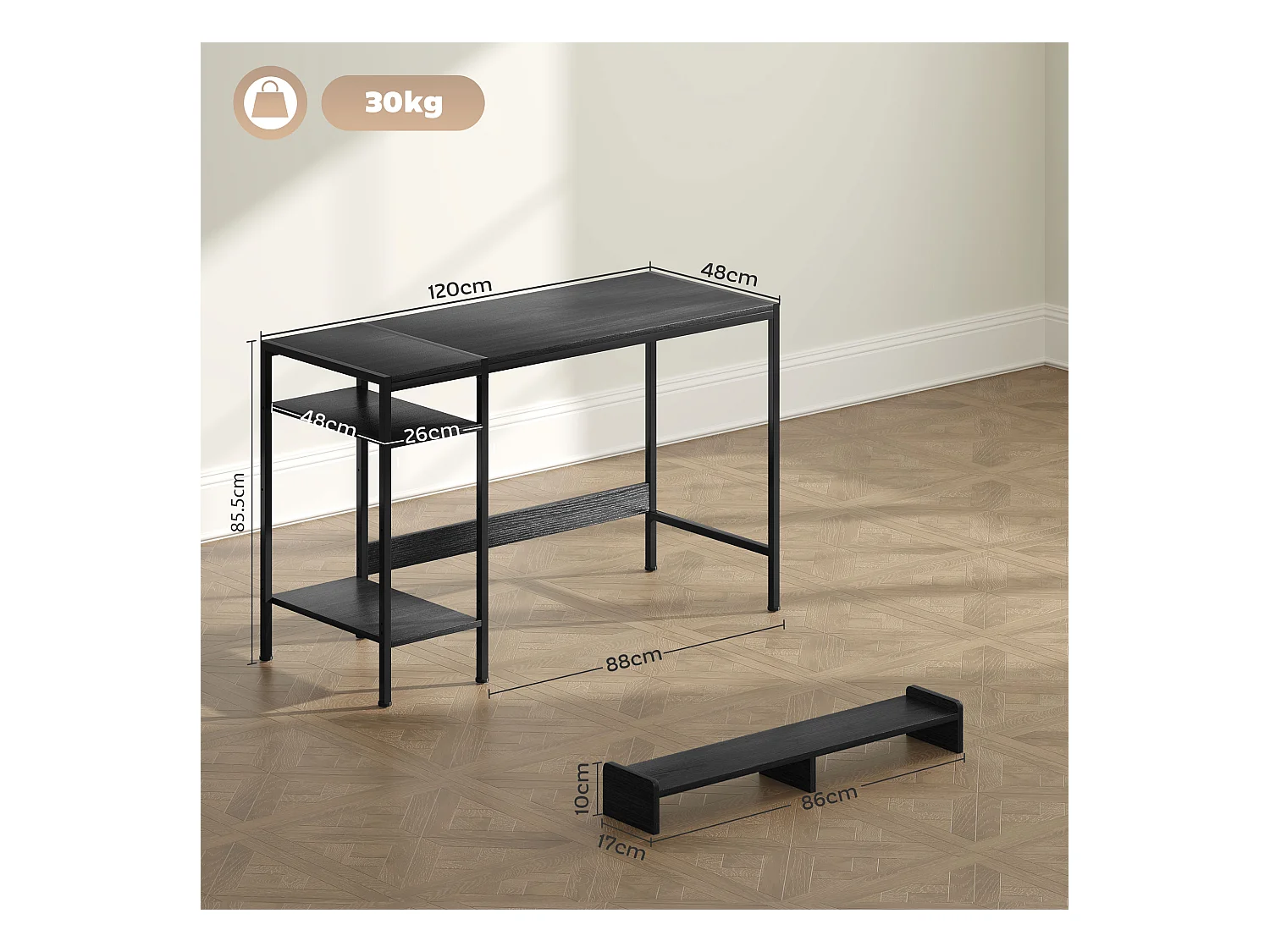 Scrivania pc con supporto per monitor e 2 ripiani regolabili nero