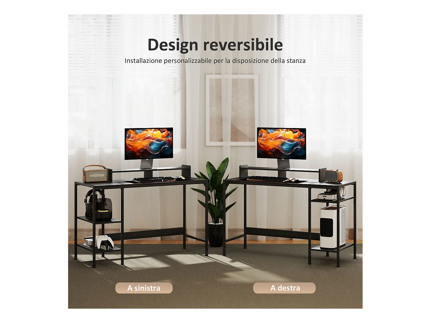 Scrivania pc con supporto per monitor e 2 ripiani regolabili nero