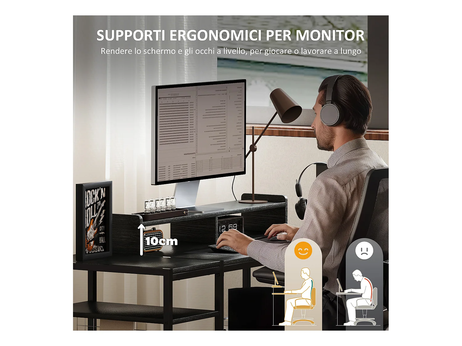 Scrivania pc con supporto per monitor e 2 ripiani regolabili nero