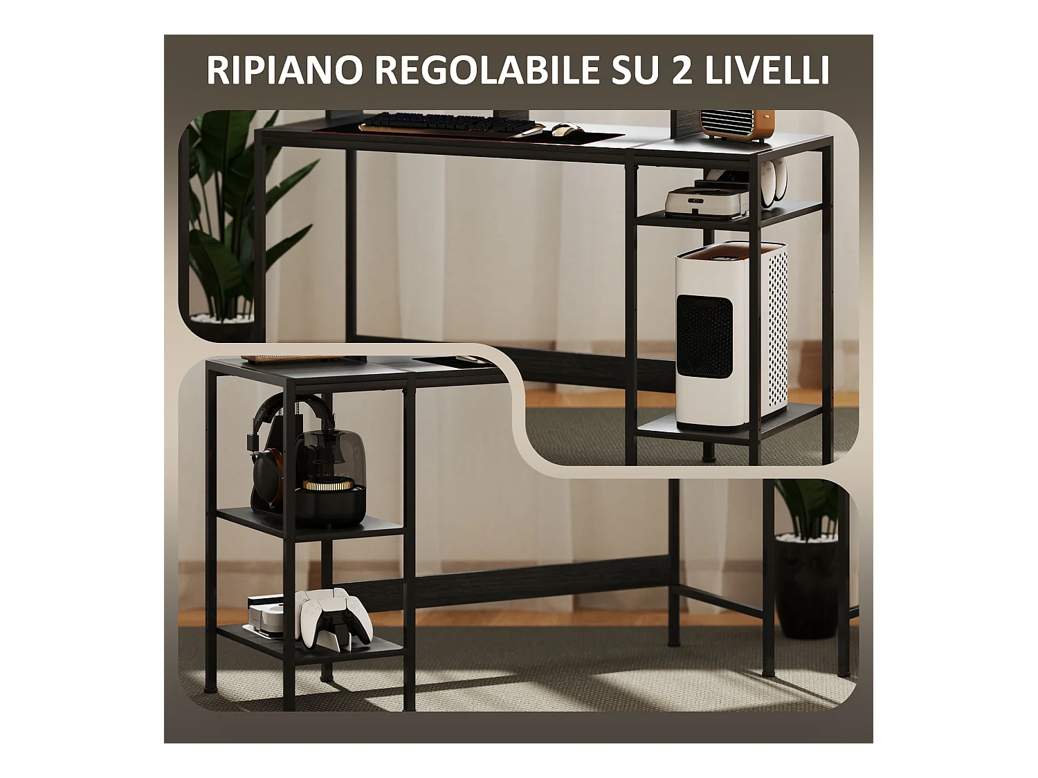 Scrivania pc con supporto per monitor e 2 ripiani regolabili nero