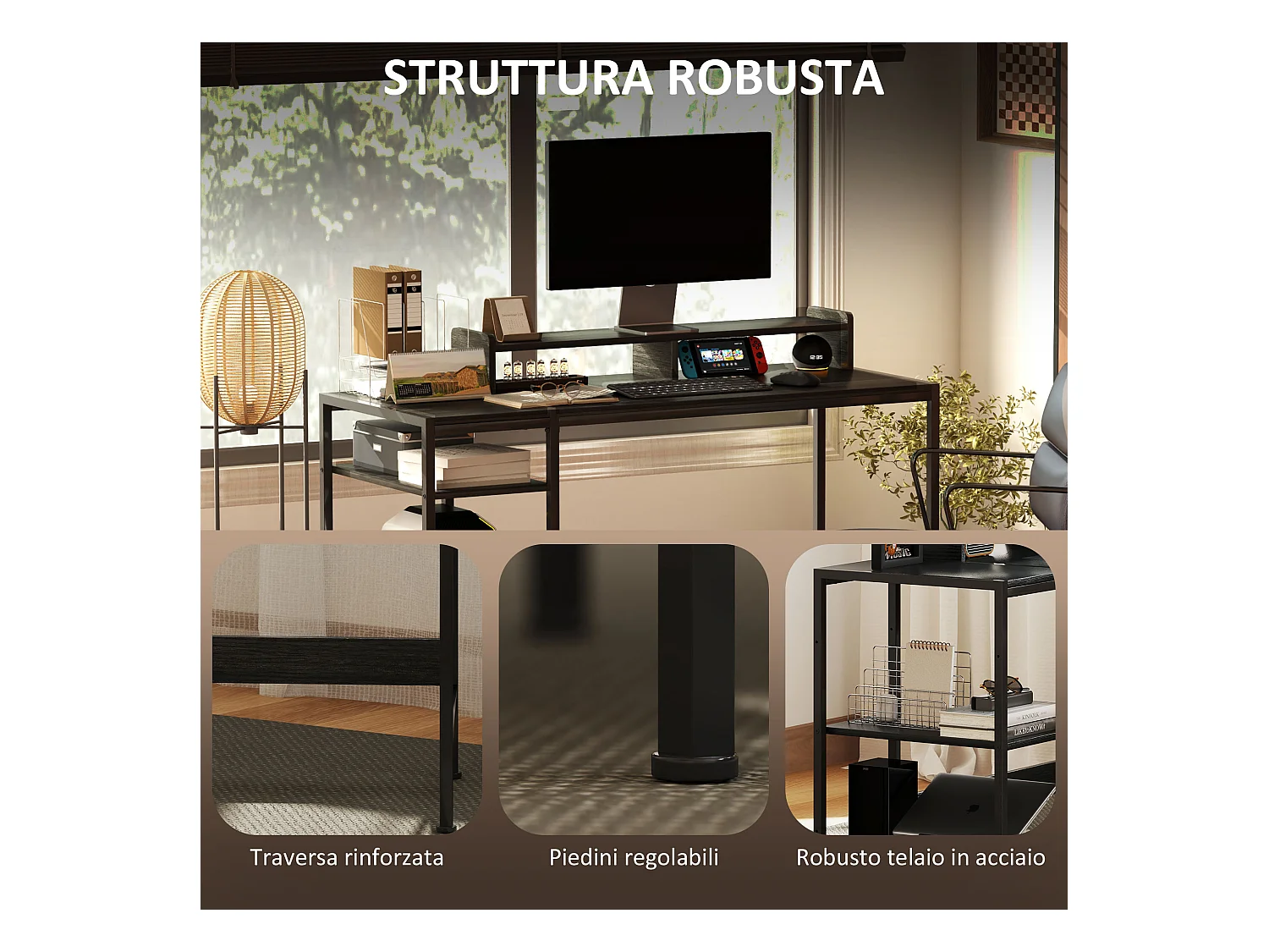 Scrivania pc con supporto per monitor e 2 ripiani regolabili nero