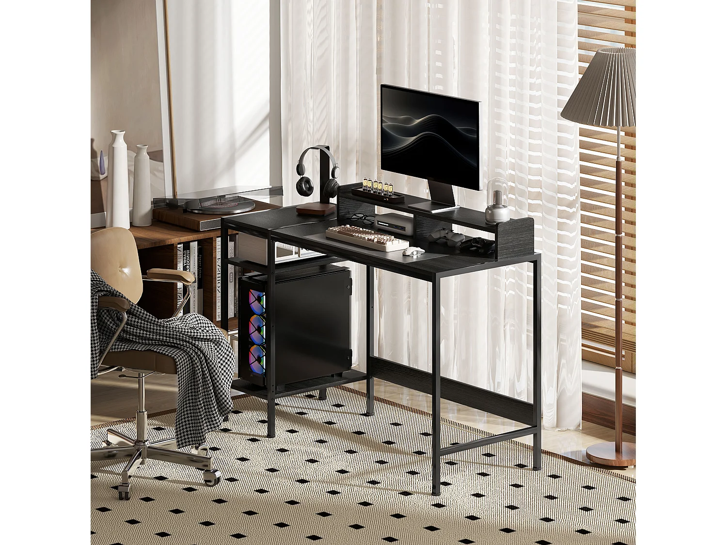 Scrivania pc con supporto per monitor e 2 ripiani regolabili nero