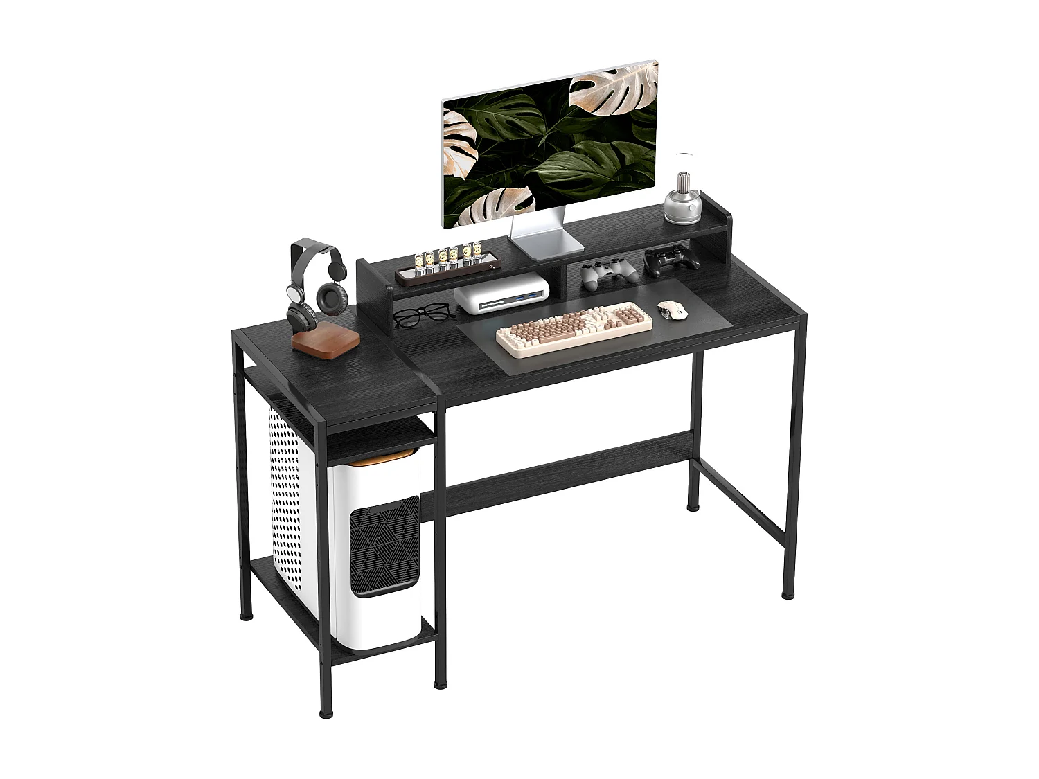 Scrivania pc con supporto per monitor e 2 ripiani regolabili nero