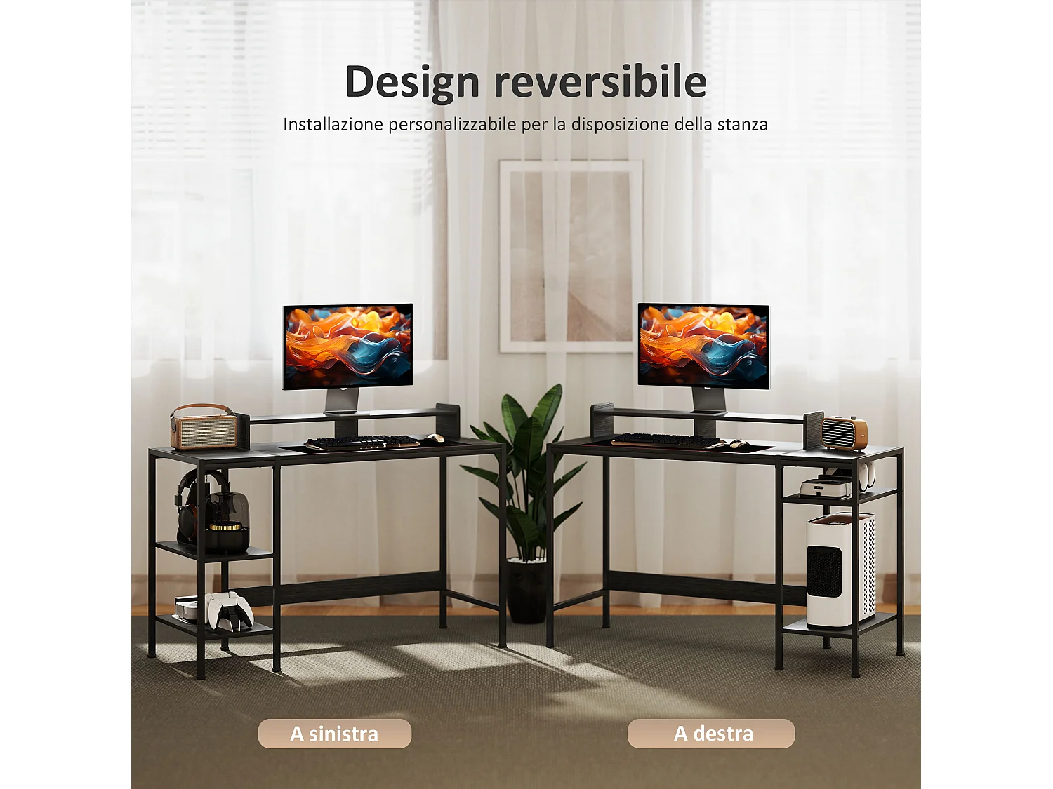 Scrivania pc con supporto per monitor e 2 ripiani regolabili nero