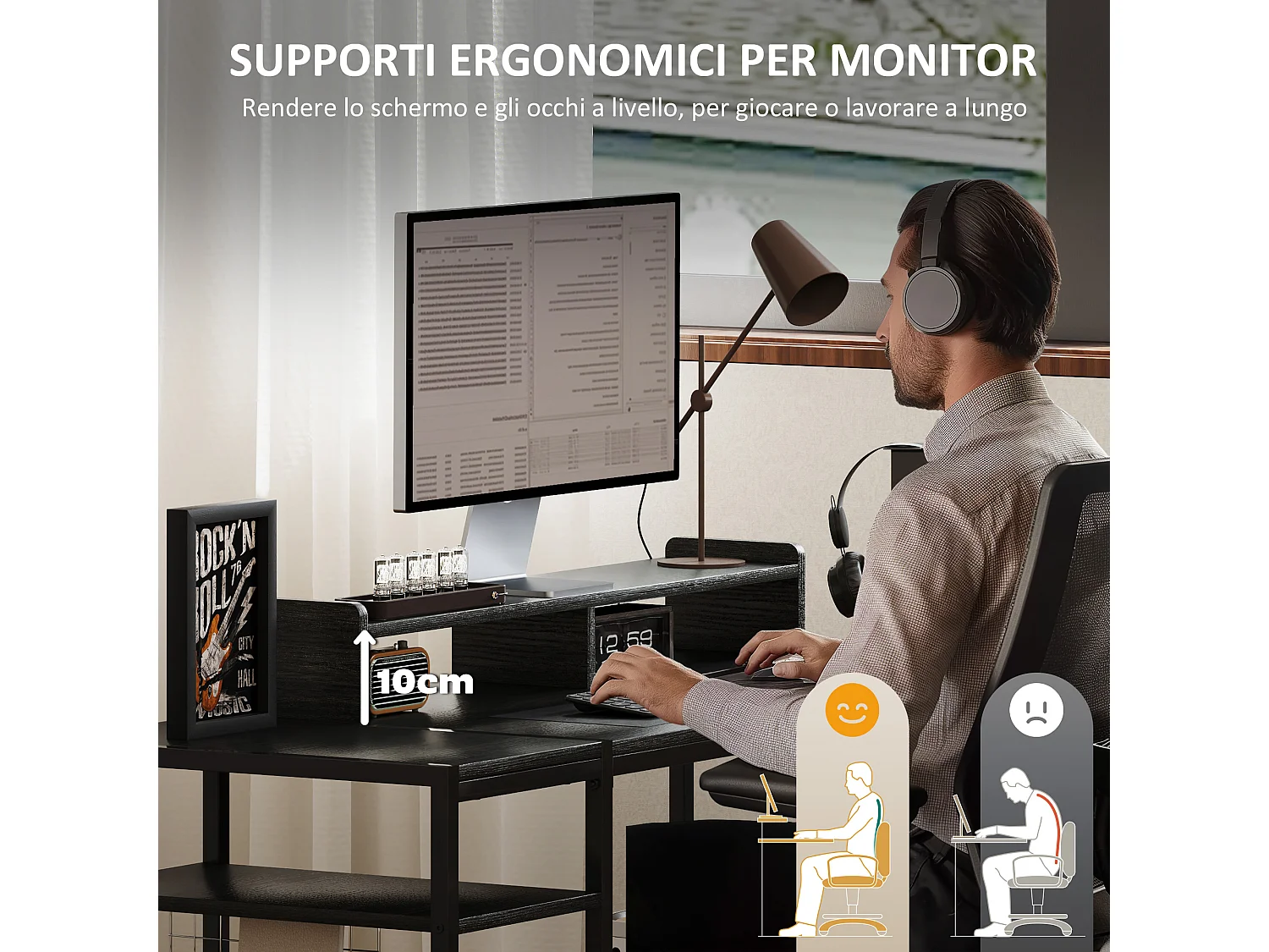 Scrivania pc con supporto per monitor e 2 ripiani regolabili nero
