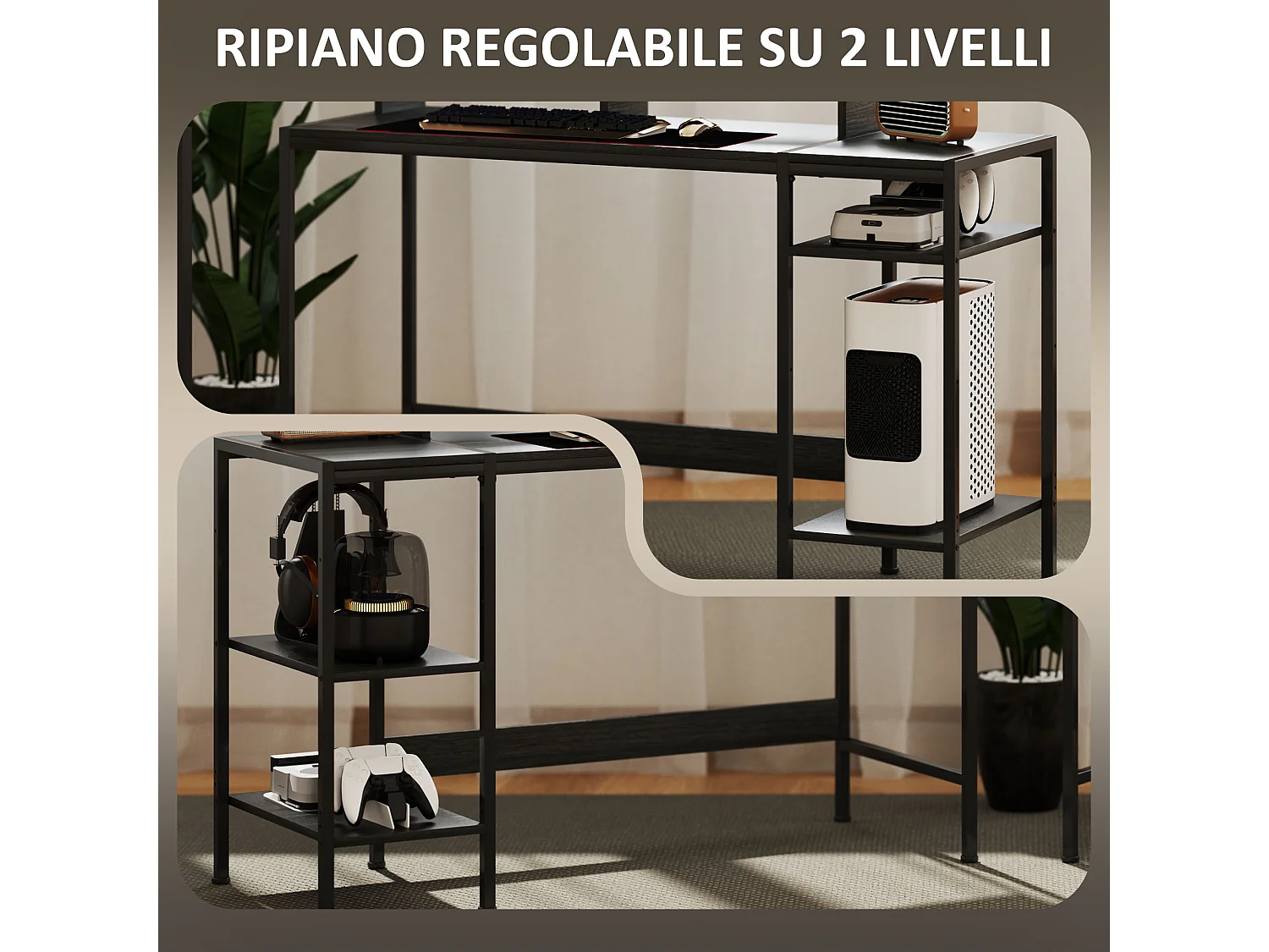 Scrivania pc con supporto per monitor e 2 ripiani regolabili nero
