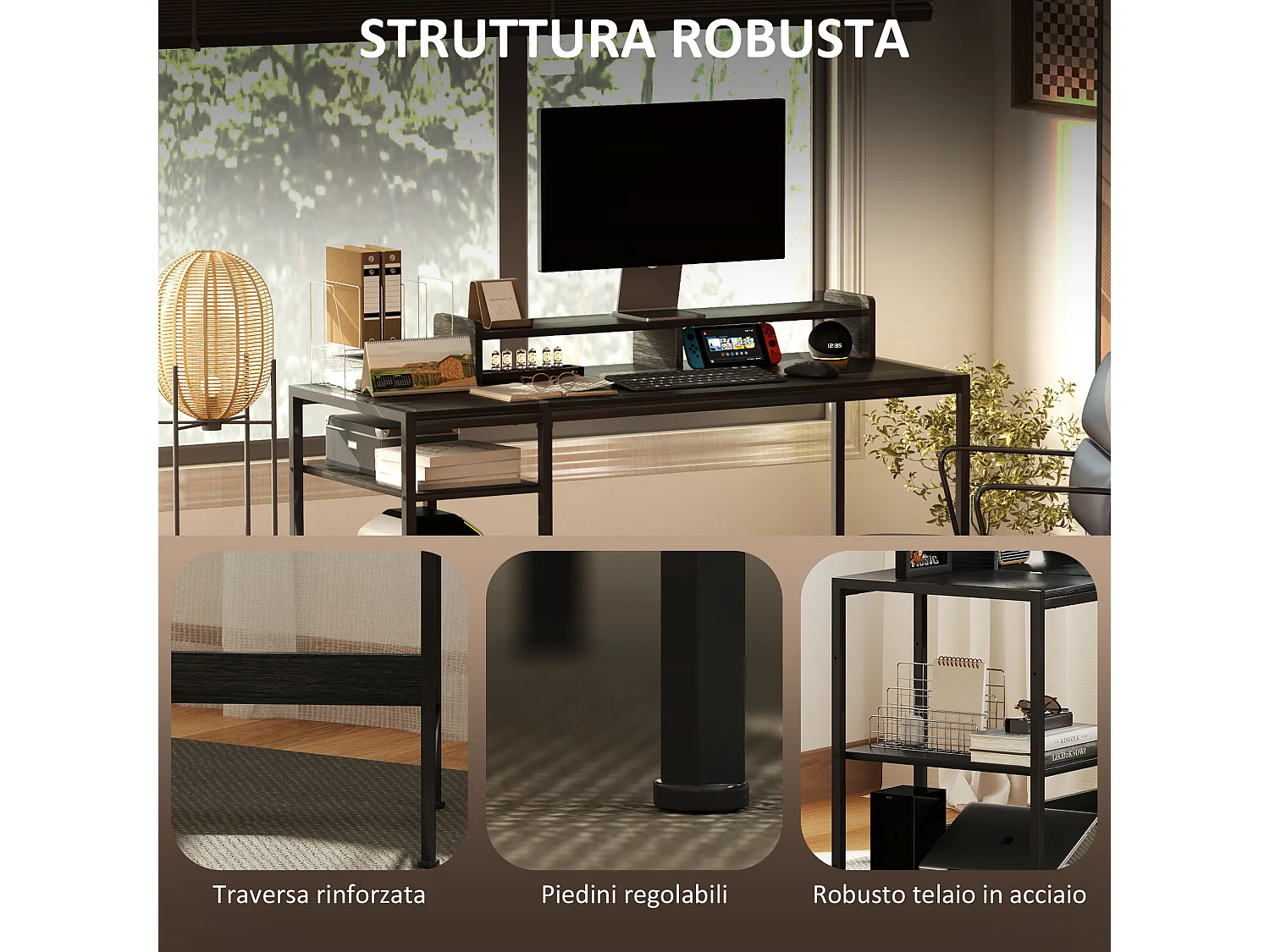 Scrivania pc con supporto per monitor e 2 ripiani regolabili nero