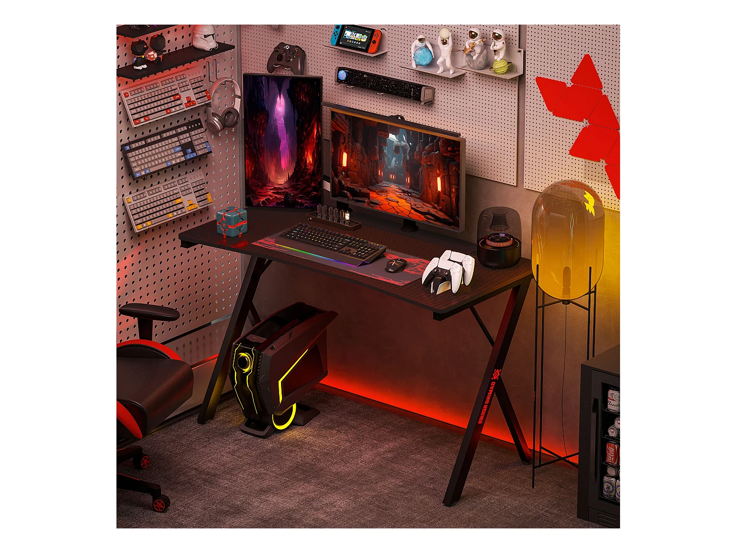 Scrivania gaming con luci led rgb e gambe a k in mdf e acciaio nera