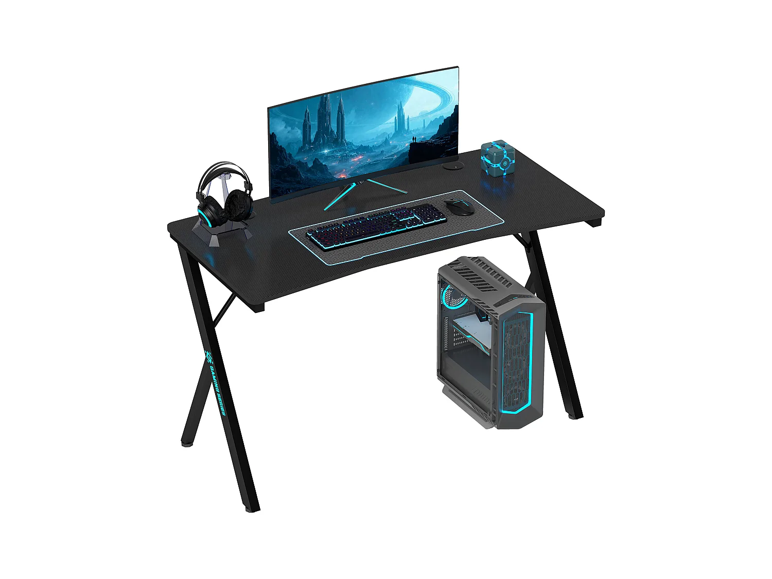 Scrivania gaming con luci led rgb e gambe a k in mdf e acciaio nera