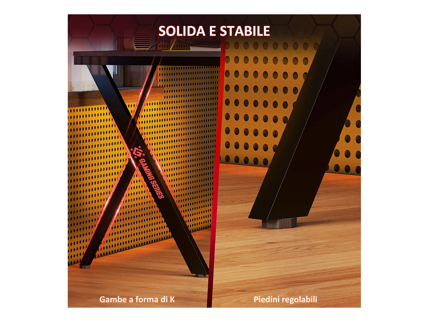 Scrivania gaming con luci led rgb e gambe a k in mdf e acciaio nera