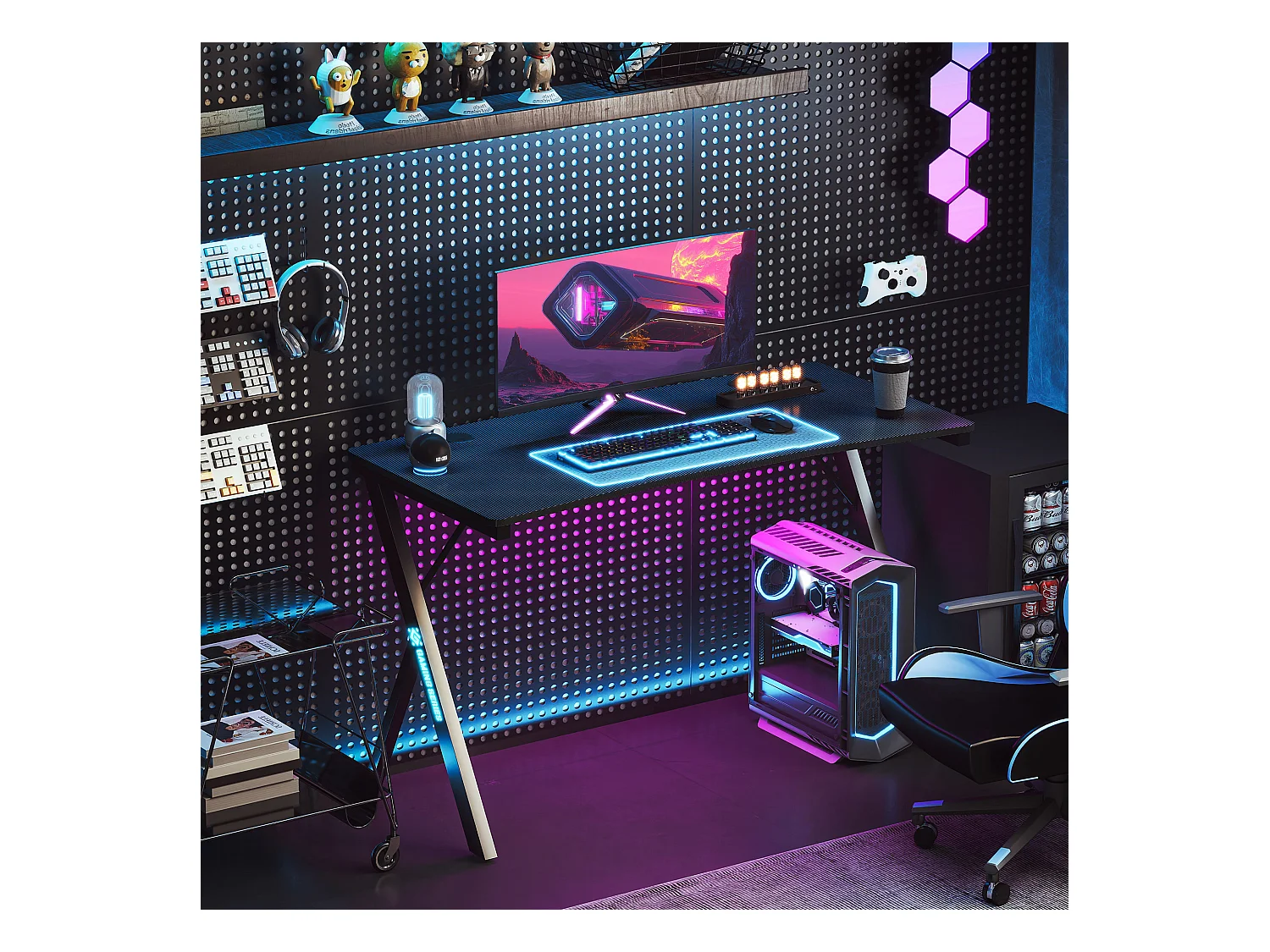 Scrivania gaming con luci led rgb e gambe a k in mdf e acciaio nera