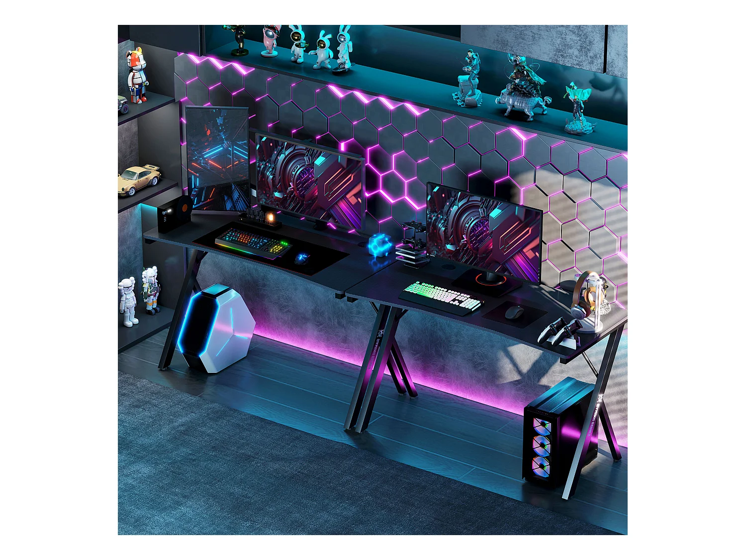 Scrivania gaming con luci led rgb e gambe a k in mdf e acciaio nera