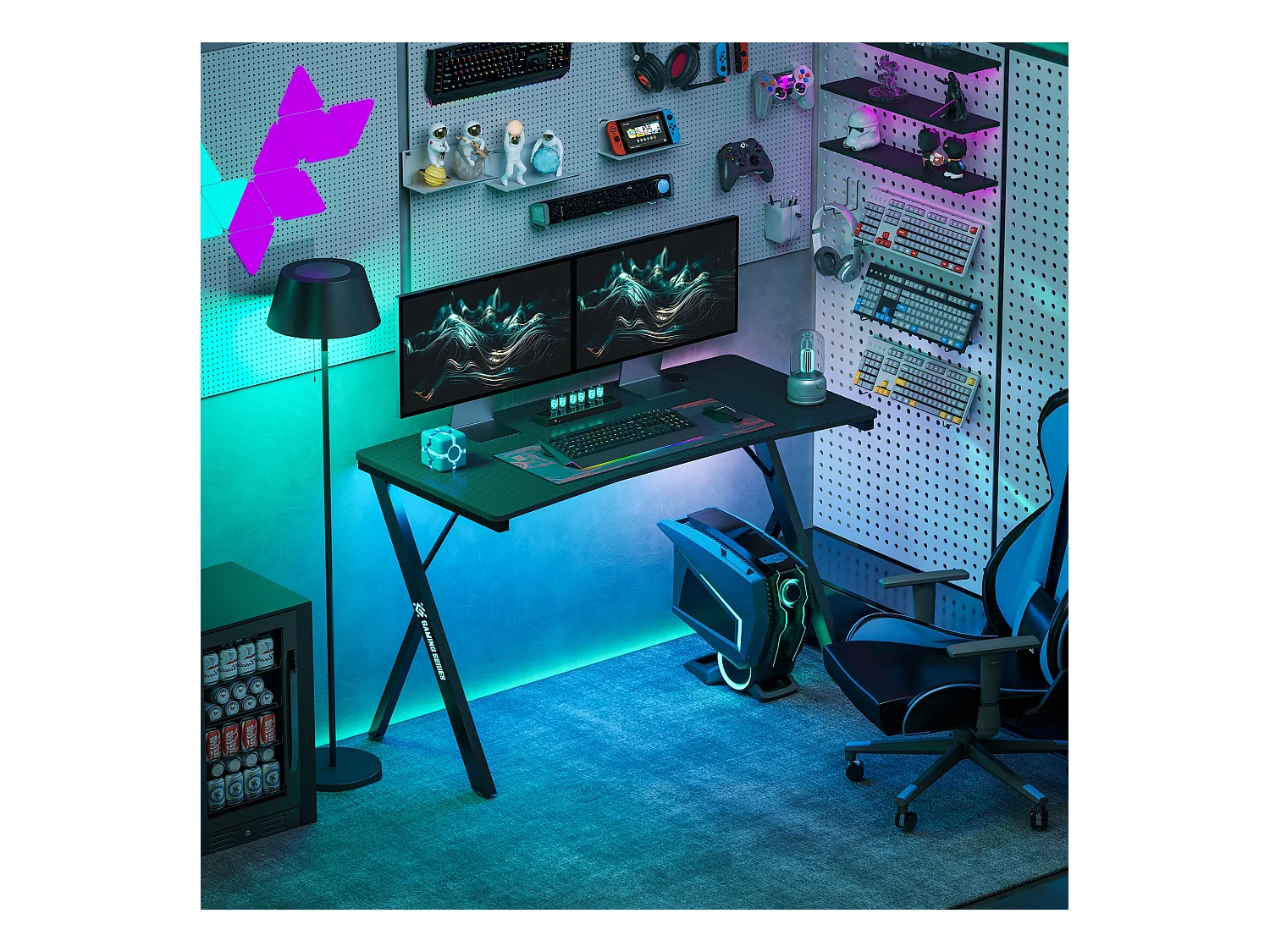 Scrivania gaming con luci led rgb e gambe a k in mdf e acciaio nera