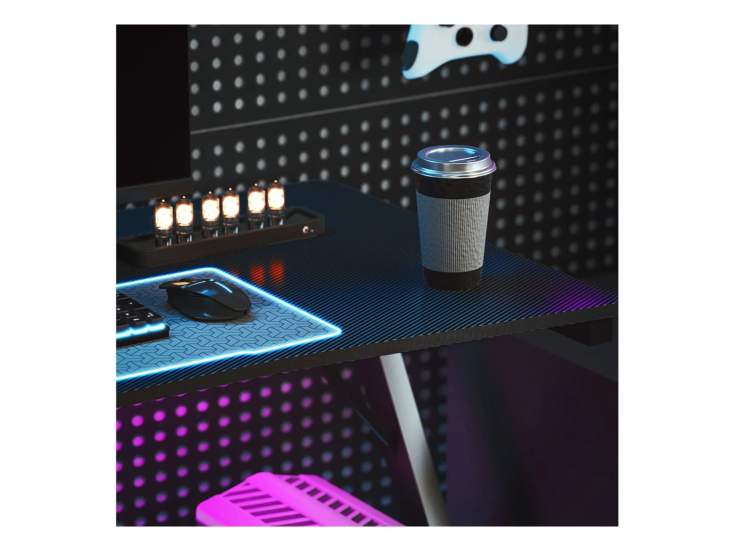 Scrivania gaming con luci led rgb e gambe a k in mdf e acciaio nera