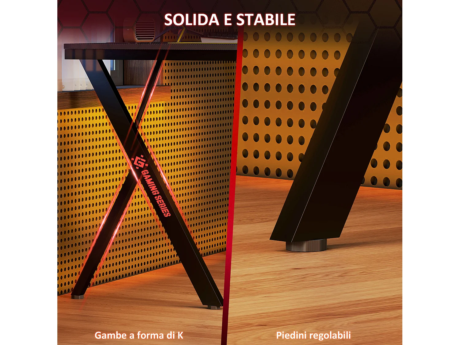 Scrivania gaming con luci led rgb e gambe a k in mdf e acciaio nera