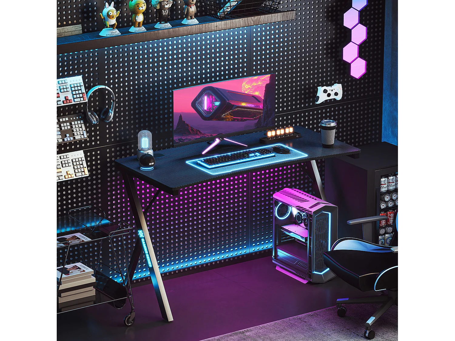 Scrivania gaming con luci led rgb e gambe a k in mdf e acciaio nera