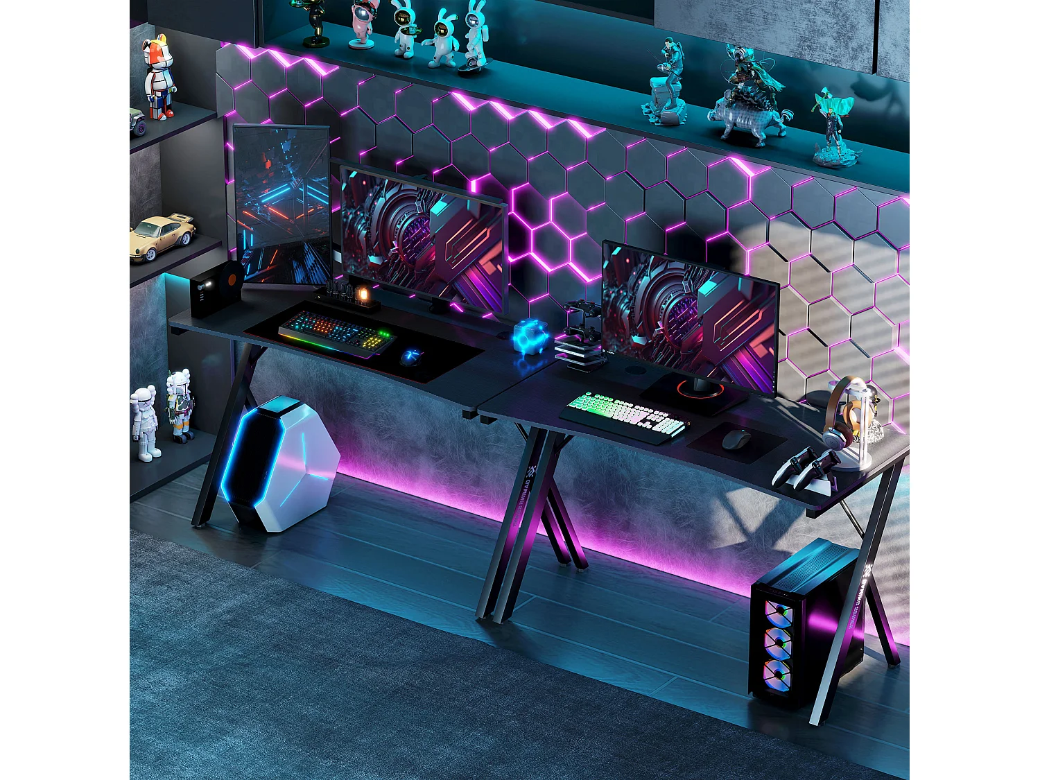 Scrivania gaming con luci led rgb e gambe a k in mdf e acciaio nera