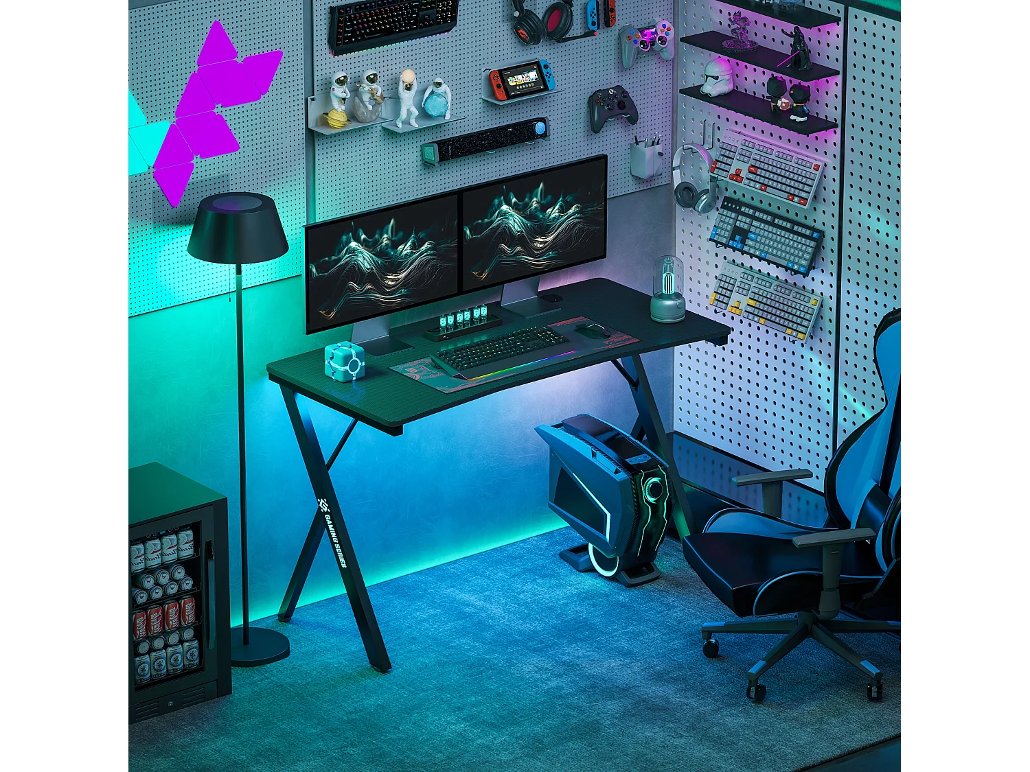 Scrivania gaming con luci led rgb e gambe a k in mdf e acciaio nera