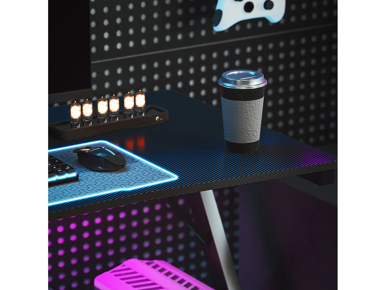 Scrivania gaming con luci led rgb e gambe a k in mdf e acciaio nera