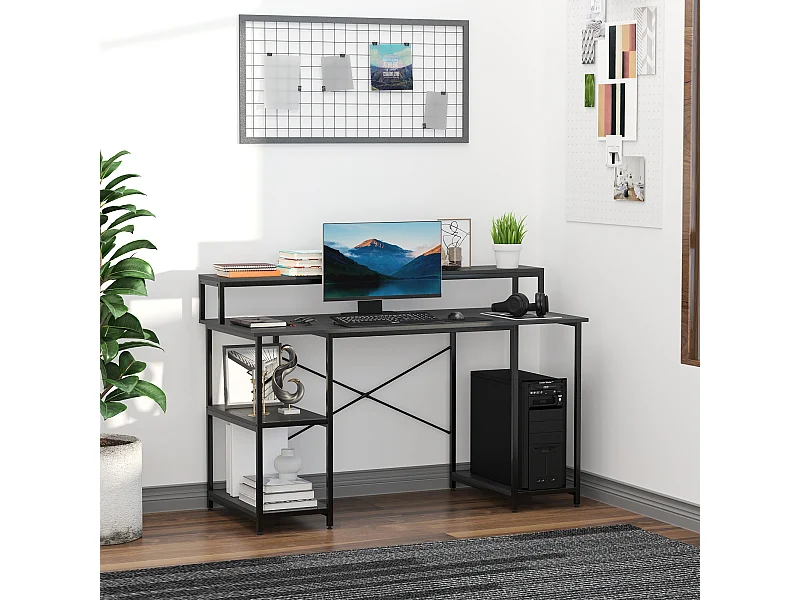 Scrivania computer con ripiani in pannello truciolare nera