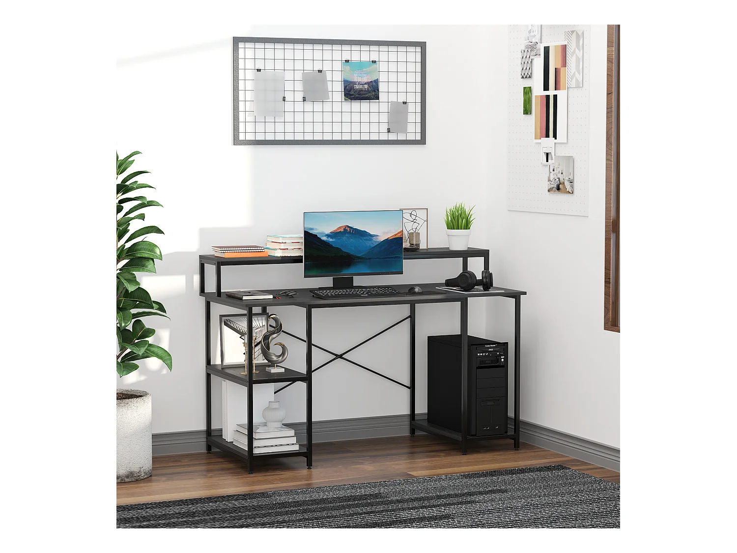 Scrivania computer con ripiani in pannello truciolare nera