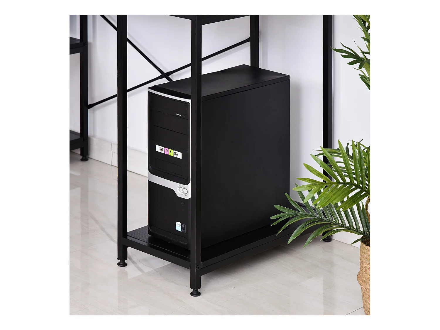 Scrivania computer con ripiani in pannello truciolare nera