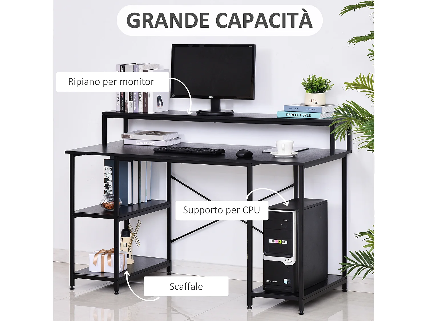 Scrivania computer con ripiani in pannello truciolare nera