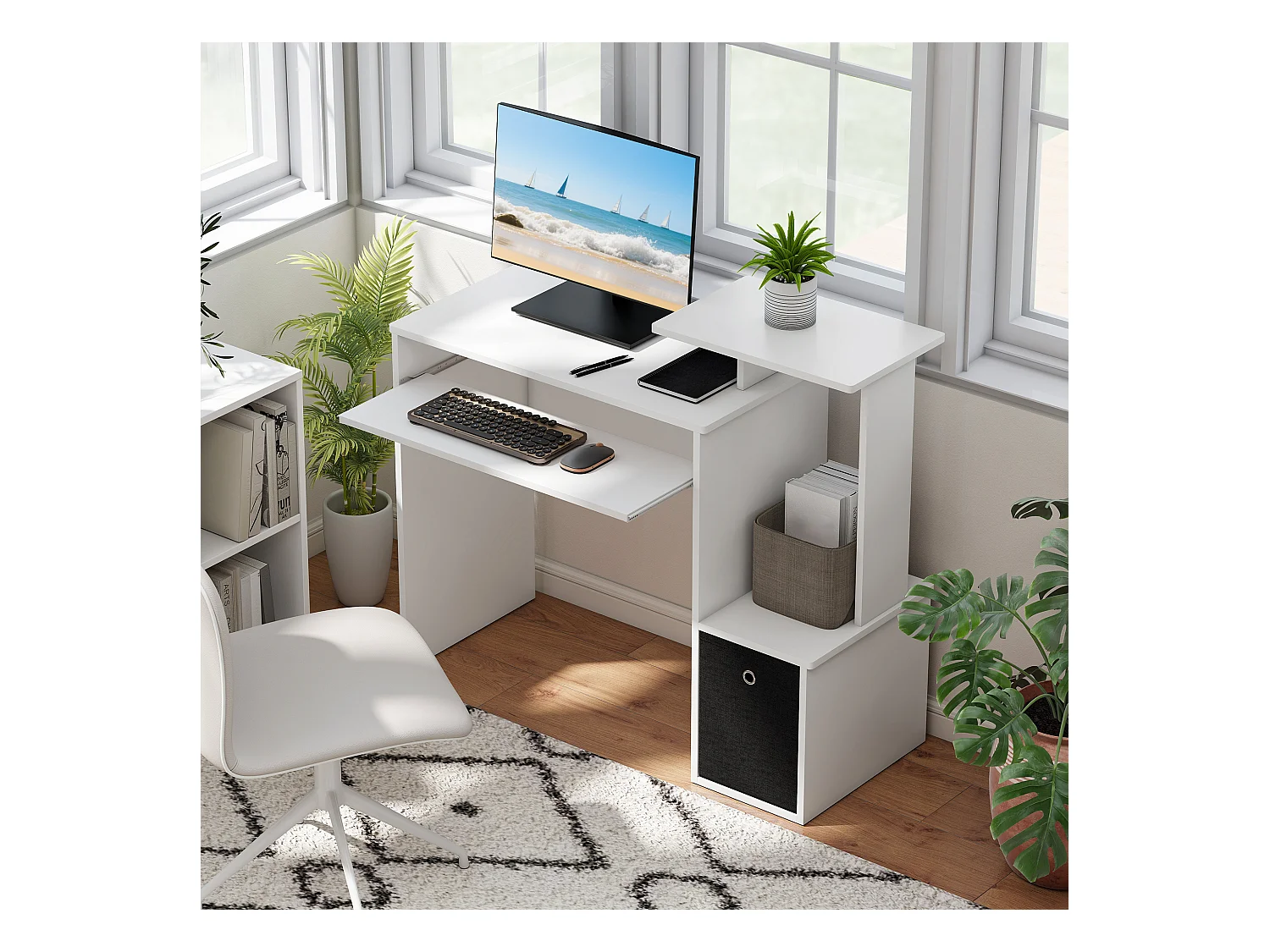 Scrivania per pc in legno con cassetto in tessuto bianco e nero