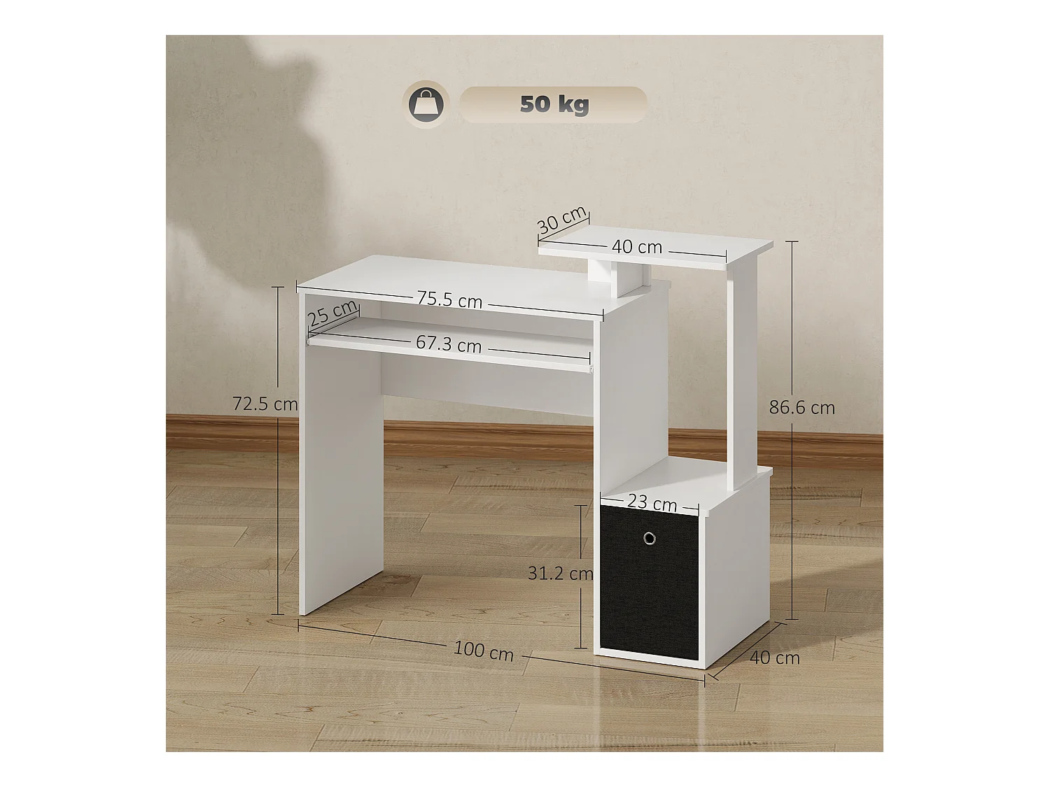 Scrivania per pc in legno con cassetto in tessuto bianco e nero