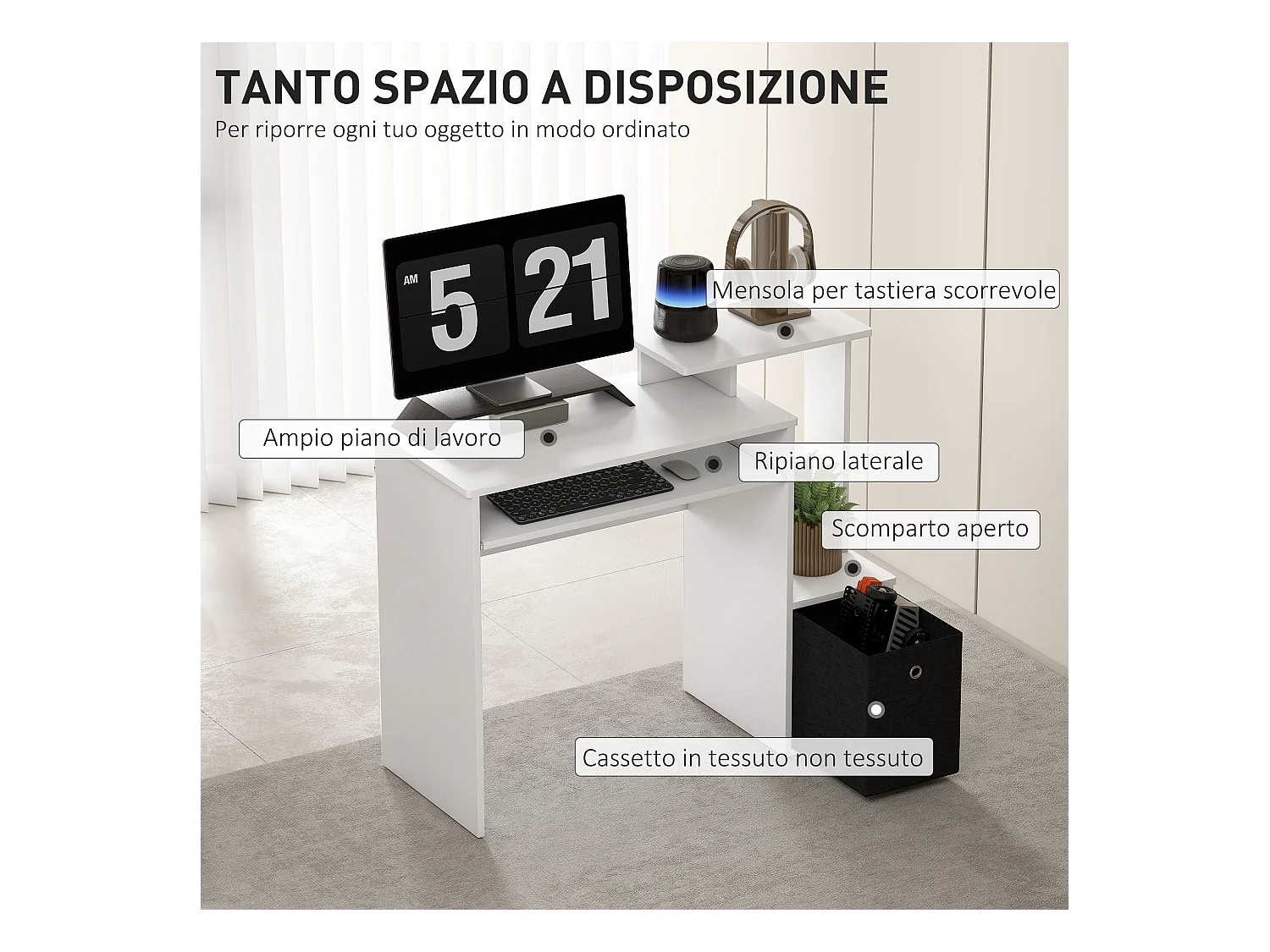 Scrivania per pc in legno con cassetto in tessuto bianco e nero