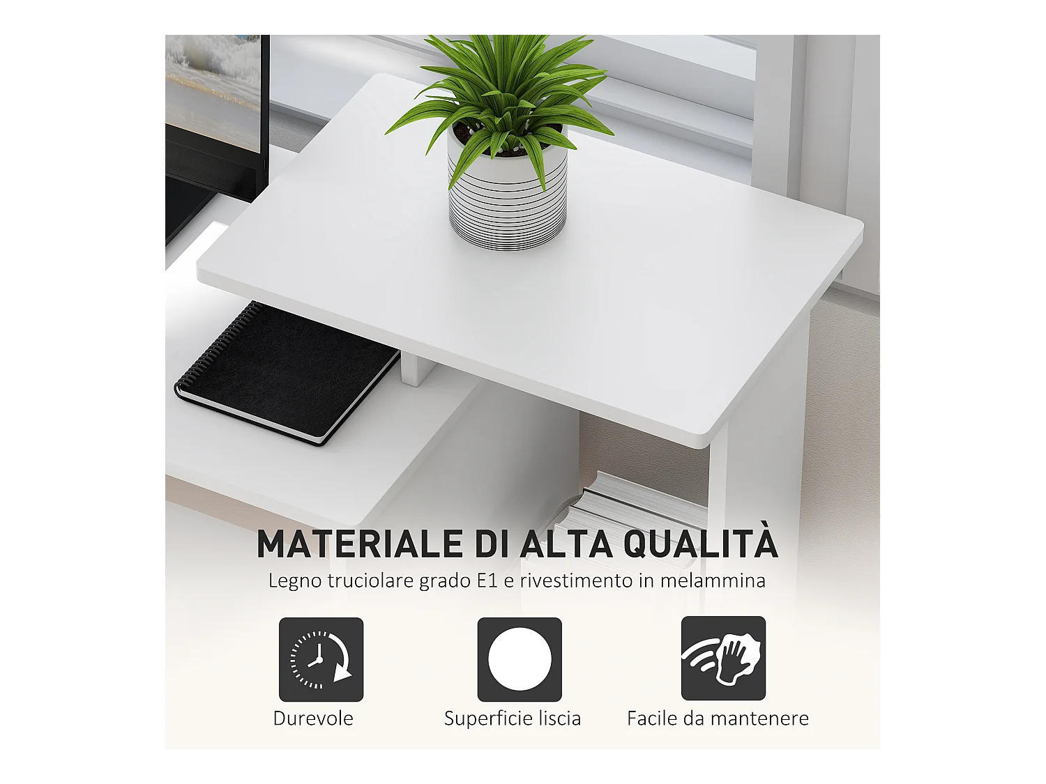 Scrivania per pc in legno con cassetto in tessuto bianco e nero