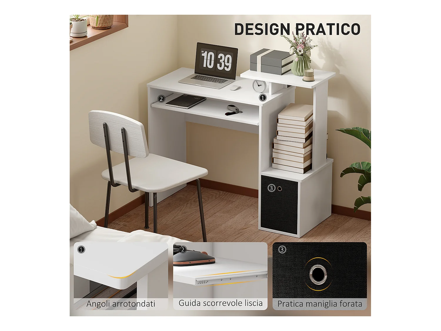 Scrivania per pc in legno con cassetto in tessuto bianco e nero