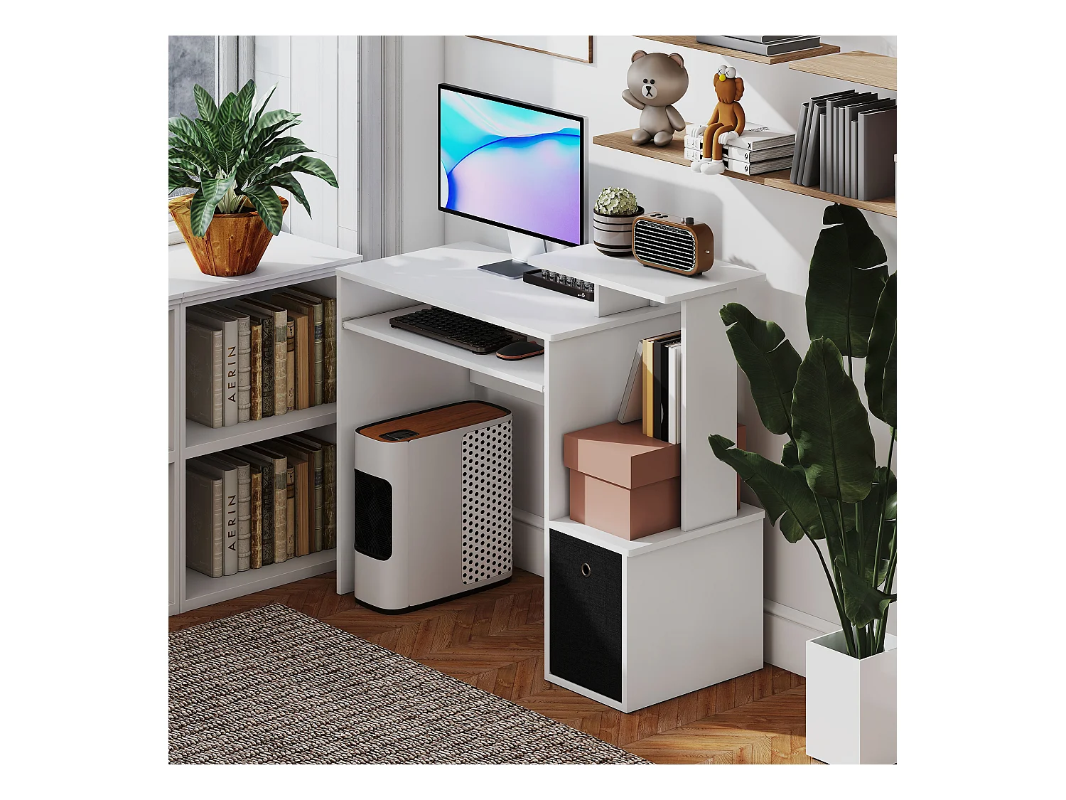 Scrivania per pc in legno con cassetto in tessuto bianco e nero